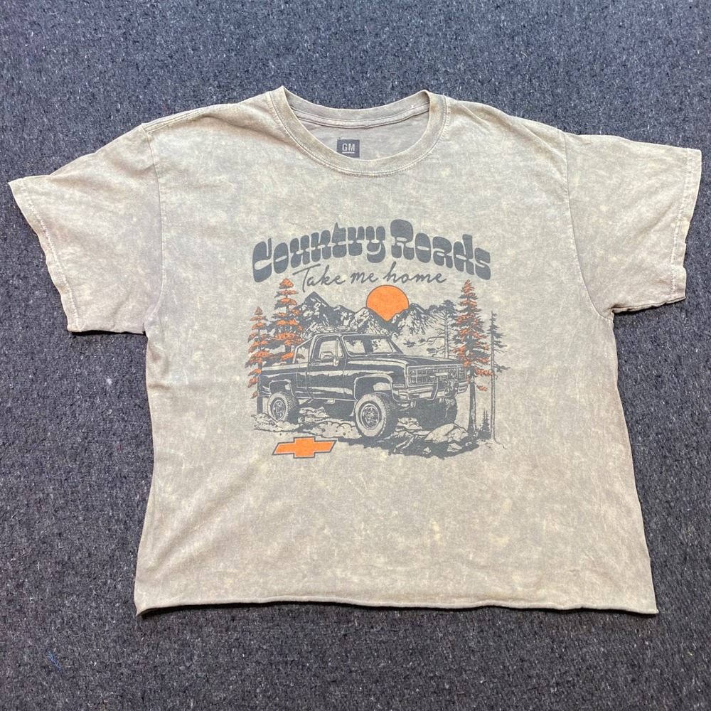 GM Chevrolet Country Roads Sz L Mens Tan Acid Wash TShirt Grunge Truck Graphic